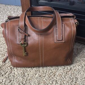 Brown Fossil Leather Handbag with Key Charm
